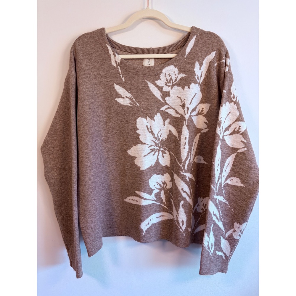 Joie Brown Floral Button Back Knit Sweater Size Medium Taupe White Crewneck